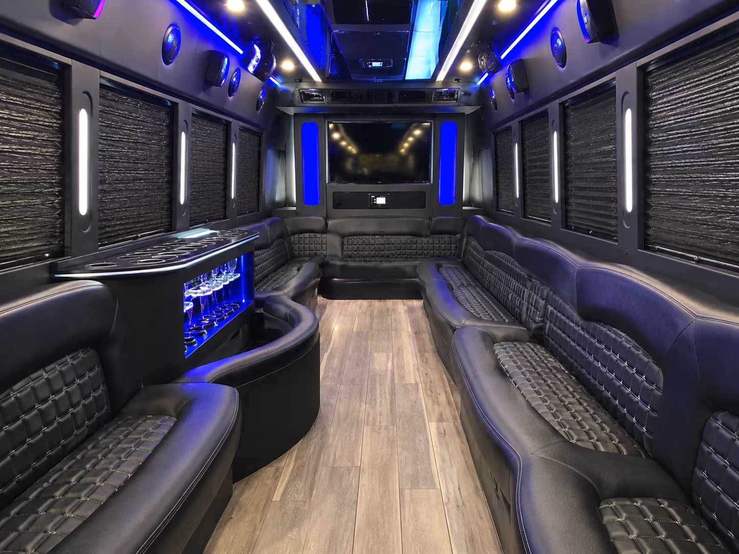 Passenger seating aboard a party bus rental serving Thornton