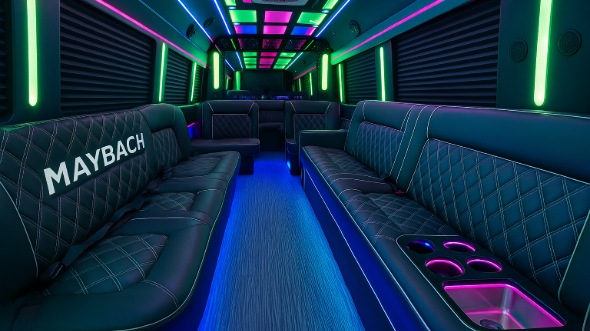 Interior of Thornton Party Bus Company's 50 Passenger Party Bus in Denver